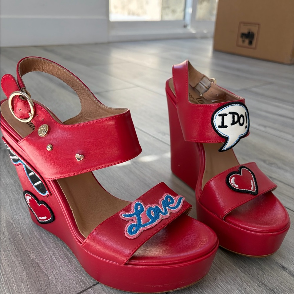 Love Moschino Red Platform Sandals with cute Patches